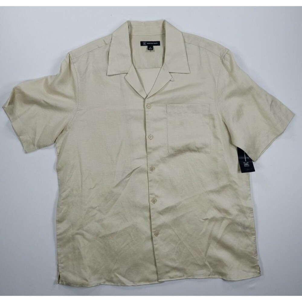 INC International Concepts Men M Beige Linen Shirt Short Sleeve Camp Button Down